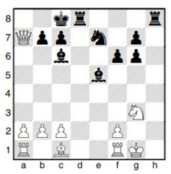 Aufgabe 25, das kleine Extra für den starken Paul Ophardt: Wie setzt Schwarz am Zug in vier Zügen Matt? Aus: Schiffers-Chigorin, 1897